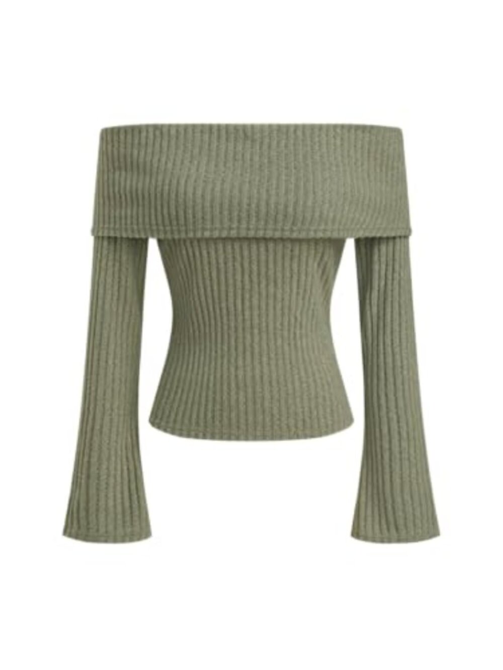 Off Shoulder Ribbed Knit Bell Sleeve Pullover Sweater Women